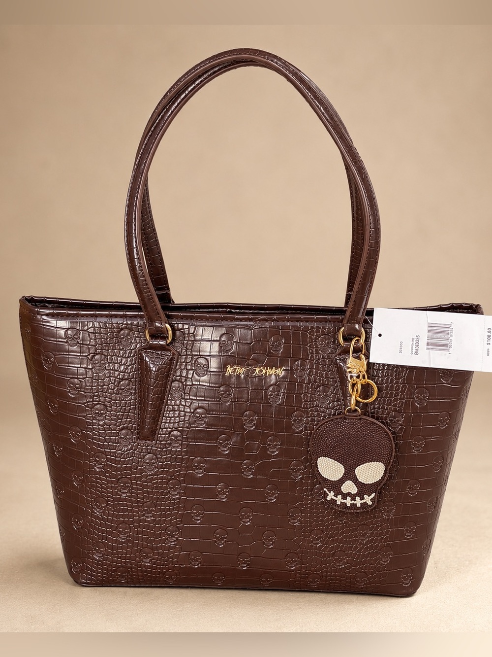 Betsey Johnson Chocolate Brown Croc-Embossed Tote with Skull Bag Charm NWT
